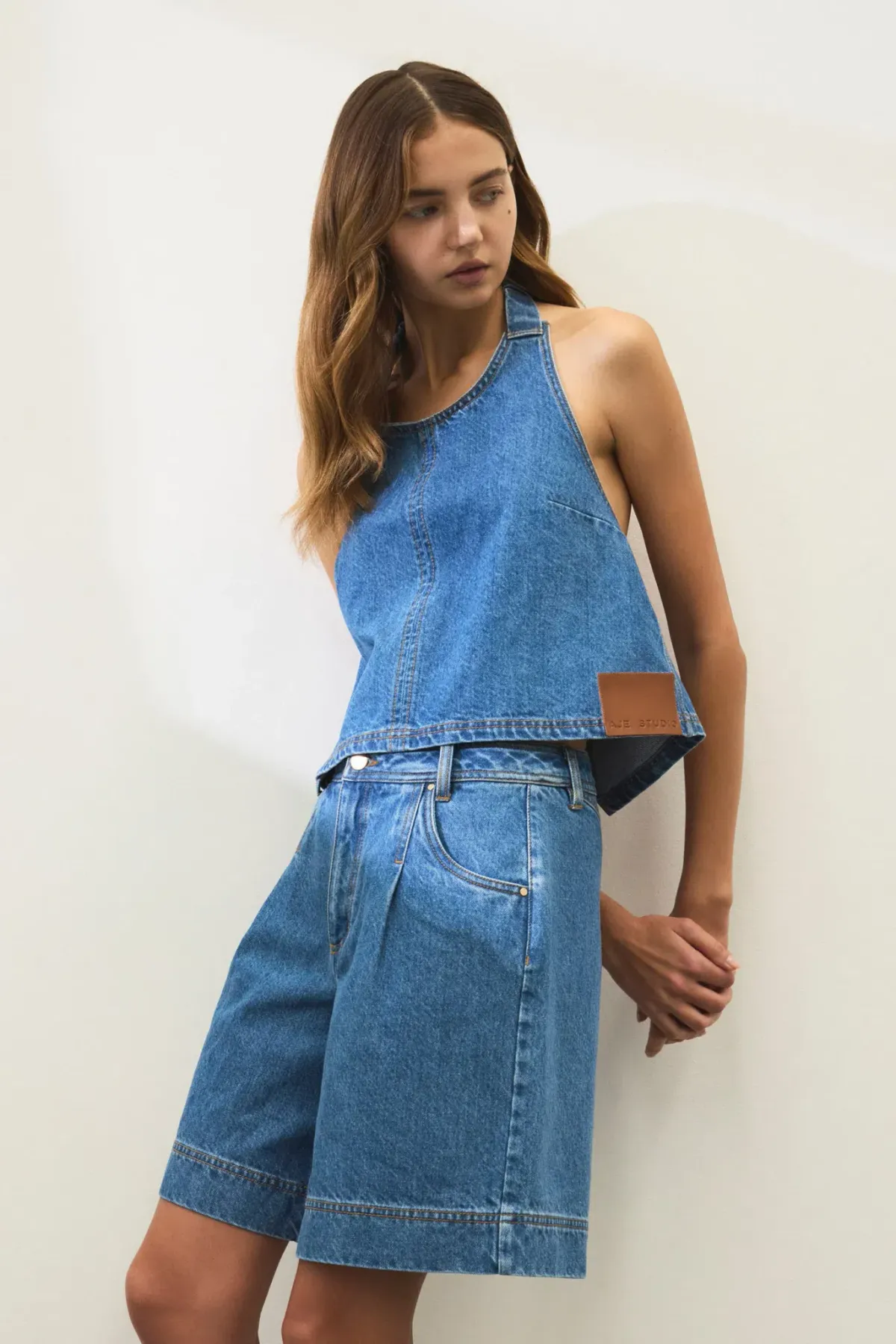 Aje Longline Denim Halter Neck and Short Set Blue Size 6 - Image 3