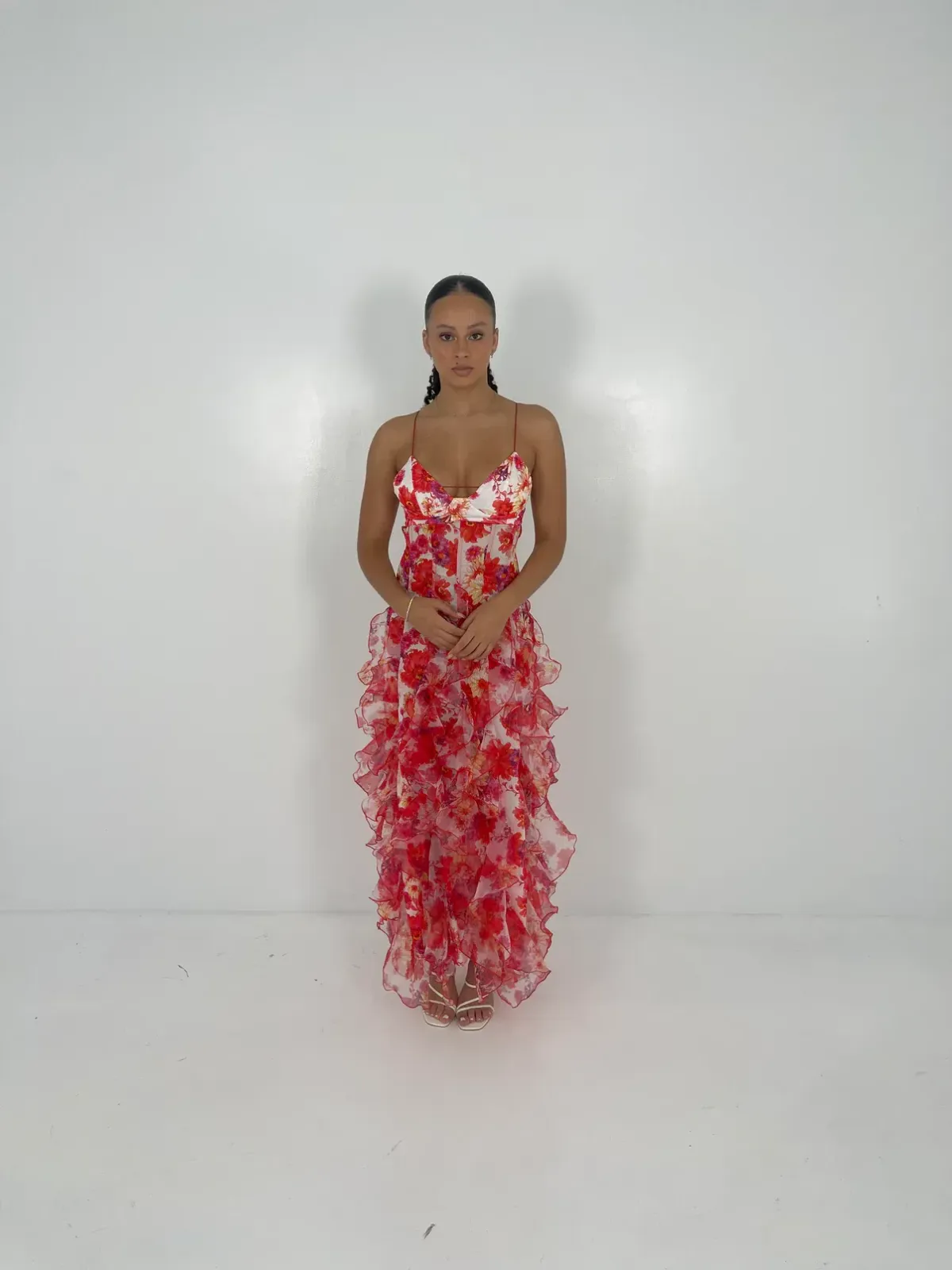 Menti Red Iris Floral Midi Dress Size 6 - Image 1