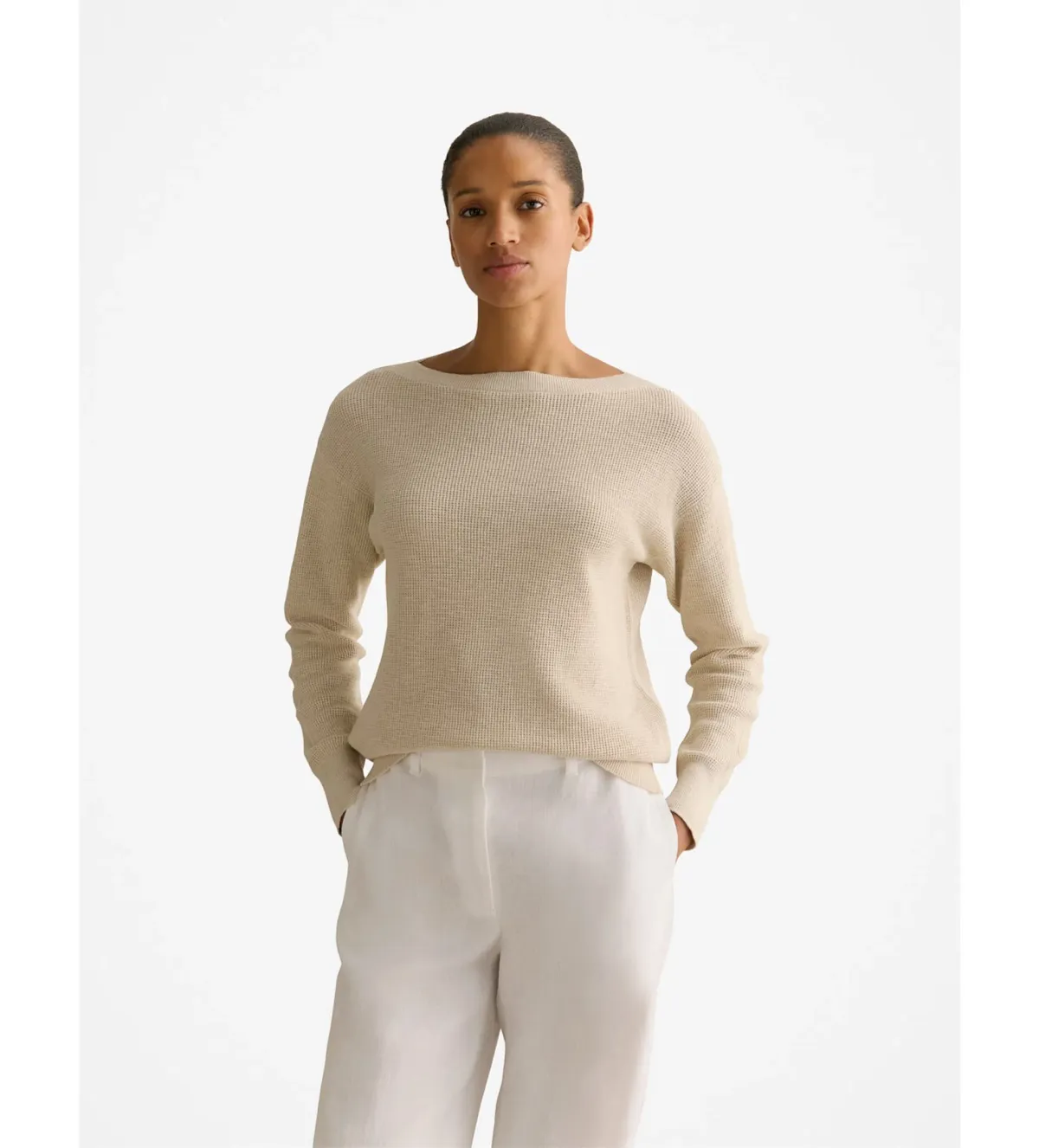 Trenery Cotton Linen Boat Neck Knit Ecru Size L/AU 14 - Image 1