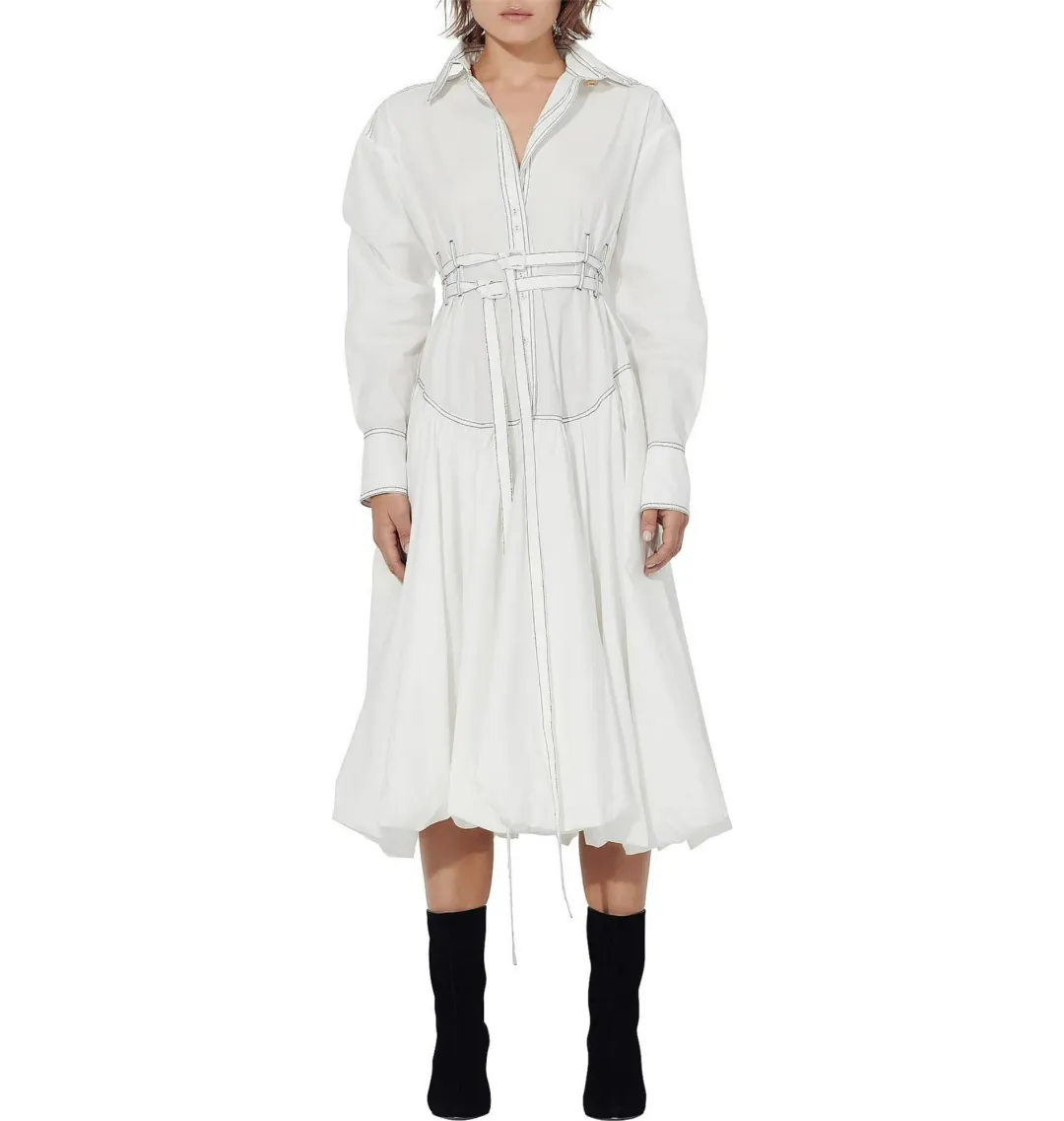 Aje Cassia Bubble Hem Belted Midi Shirt Dress White Size 10/M for rent on The Volte - main image