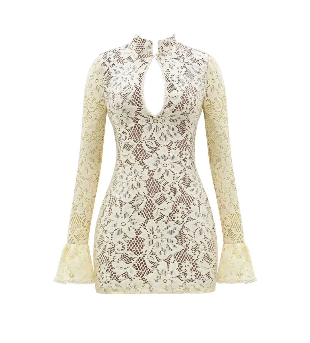 House of CB Brianna Keyhole Lace Longer Mini Dress in Buttermilk in Size S / AU 8 for rent on The Volte - main image