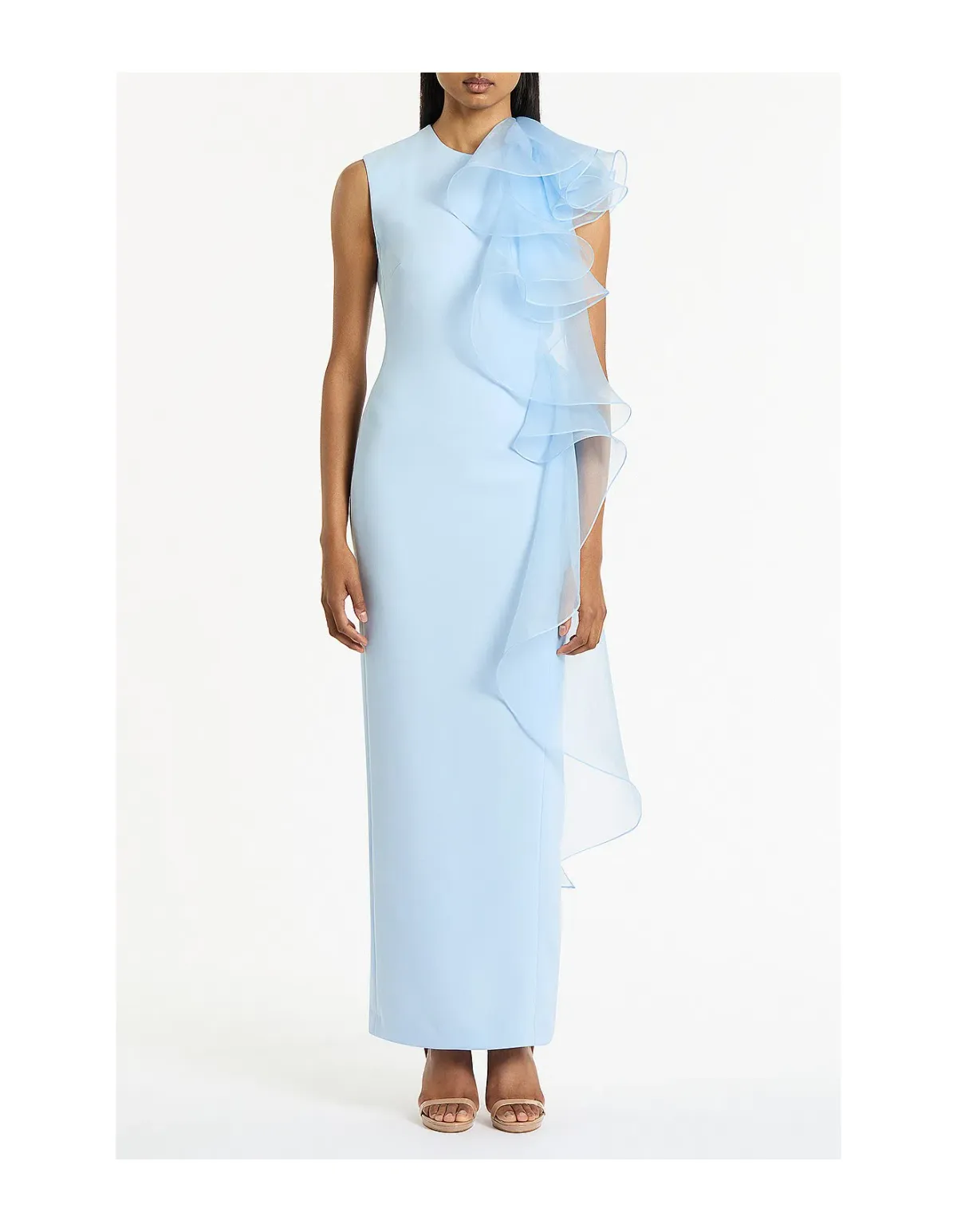 Carla Zampatti Crepe Ruffle Shoulder Gown Pale Blue Size AU 6 - Image 1