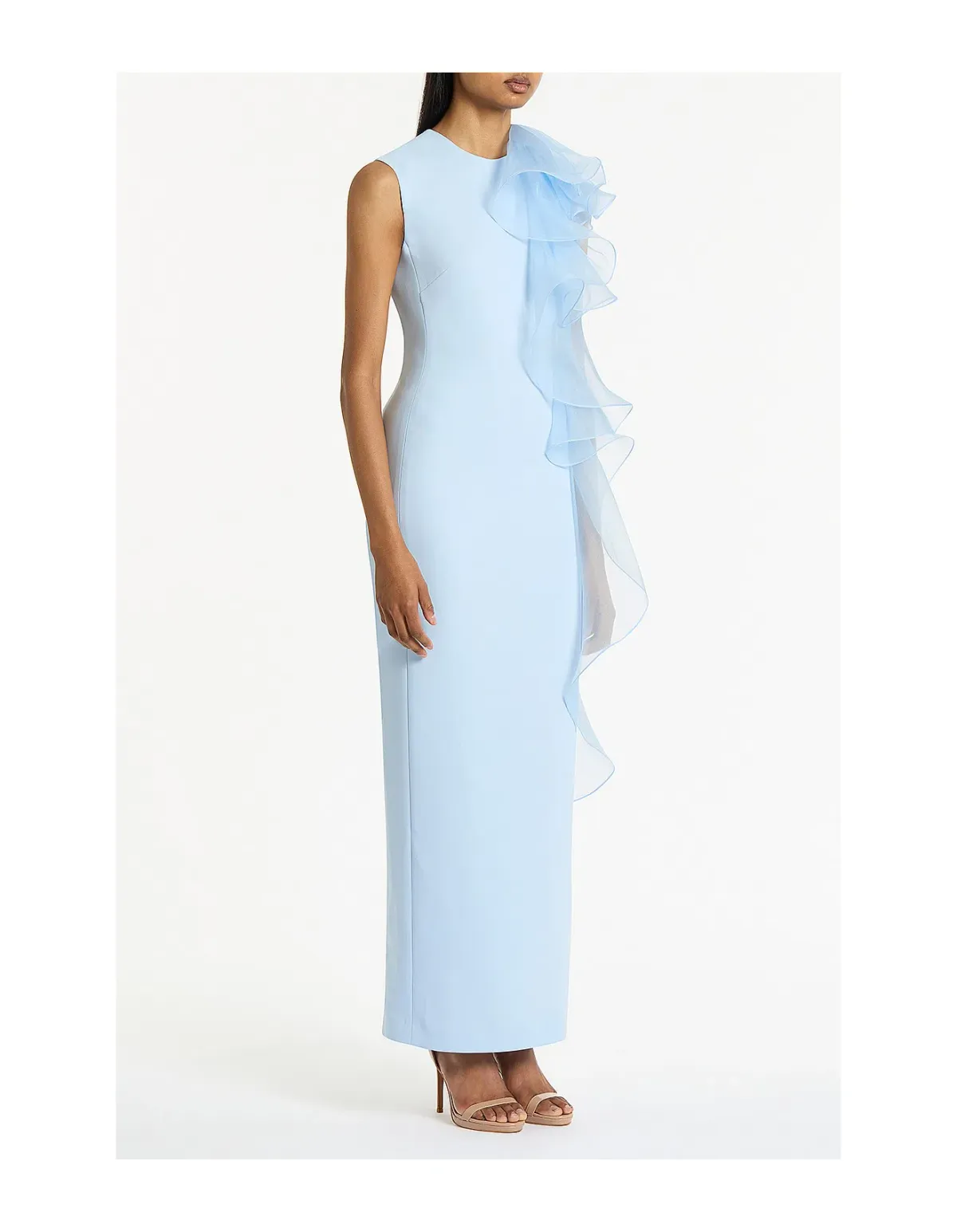 Carla Zampatti Crepe Ruffle Shoulder Gown Pale Blue Size AU 6 - Image 2
