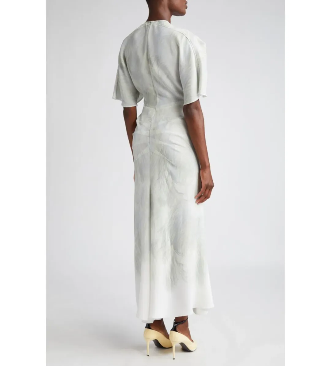 Victoria Beckham Drape Sleeve Midi Dress In White Digital Feather Print Size AU 8 for rent on The Volte - main image