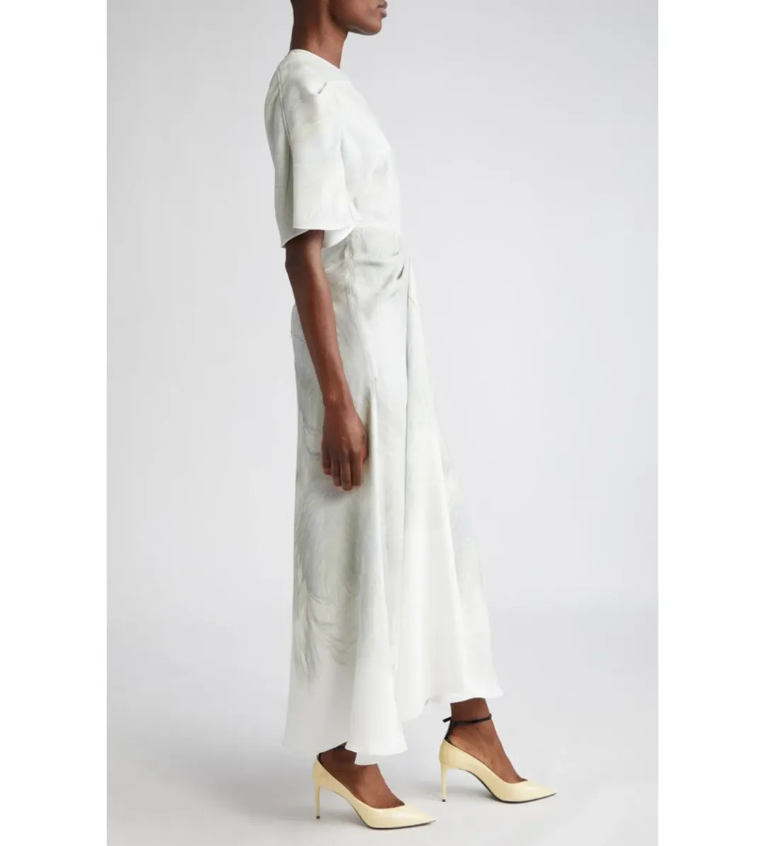 Victoria Beckham Drape Sleeve Midi Dress In White Digital Feather Print Size AU 8 for rent on The Volte - main image