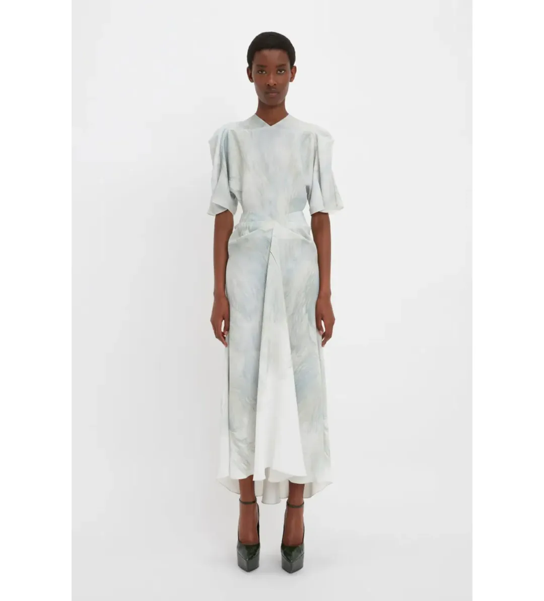 Victoria Beckham Drape Sleeve Midi Dress In White Digital Feather Print Size AU 8 for rent on The Volte - main image