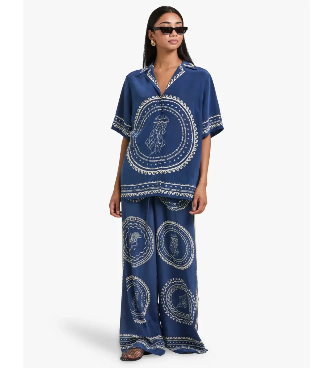 Alemais Oceane Silk Shirt and Pant Set Navy Print Size AU 8 for rent on The Volte - main image