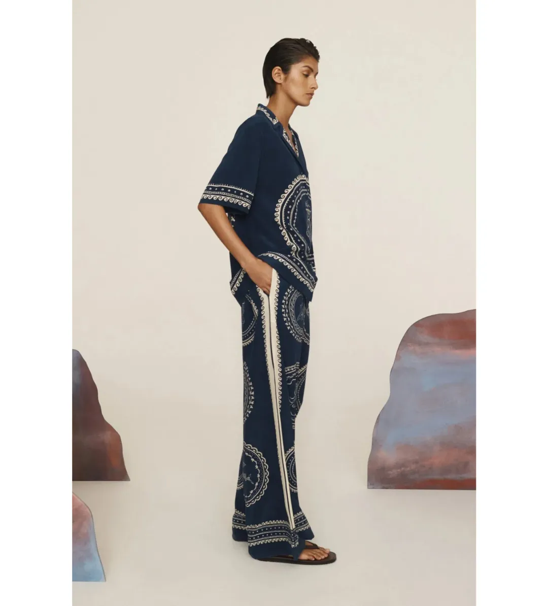 Alemais Oceane Silk Shirt and Pant Set Navy Print Size AU 8 for rent on The Volte - main image