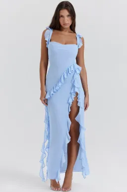 House of CB Ariela Soft Blue Ruffle Maxi Dress Blue Size L / Size AU 12 for rent on The Volte - image 1