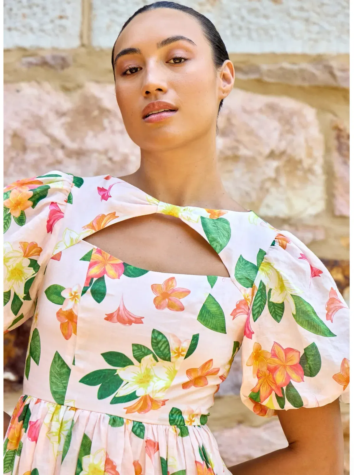 Isabella Longinnou Frangipani Puff Sleeve Midi Dress Print Size 14 - Image 4