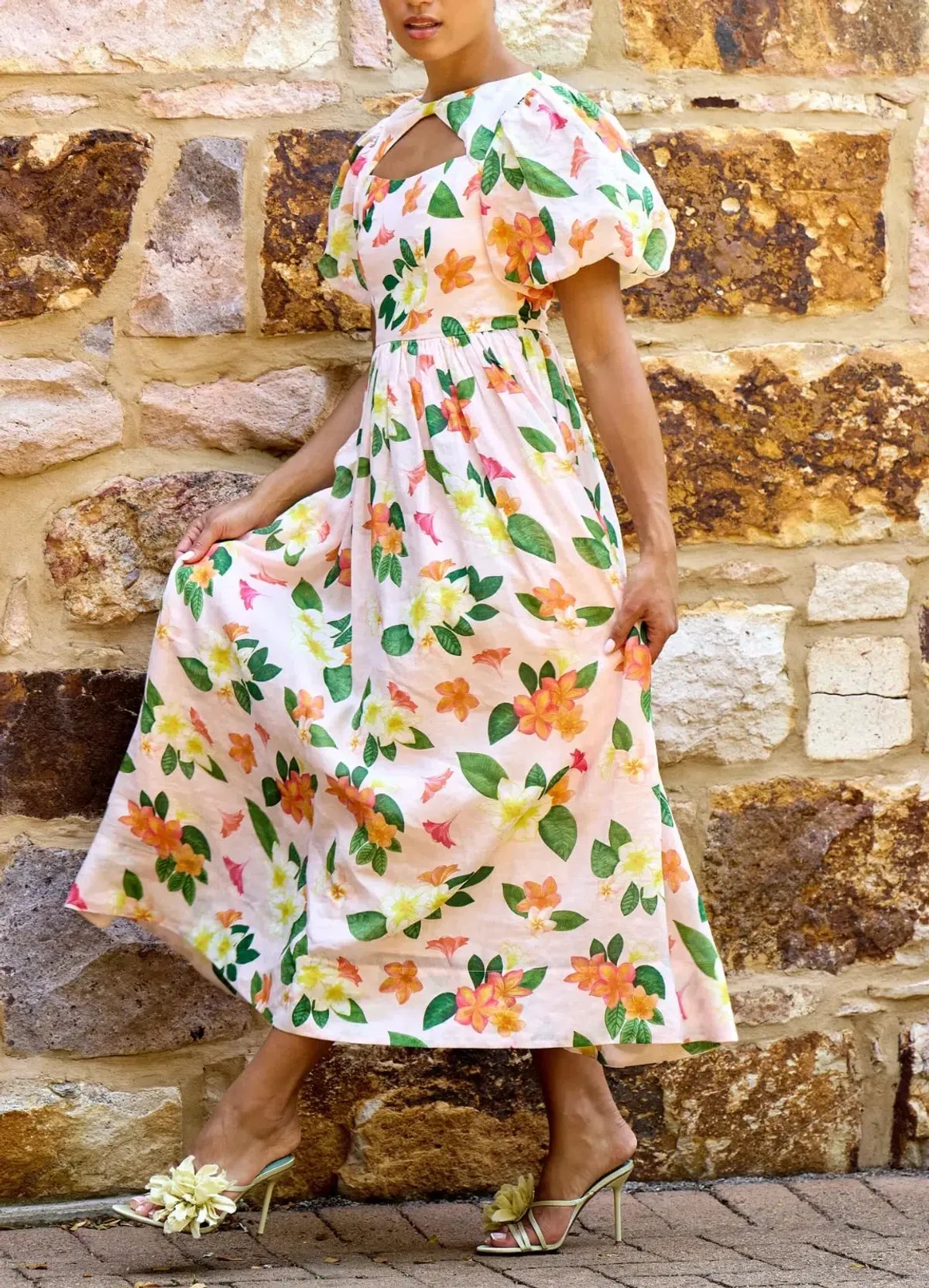 Isabella Longinnou Frangipani Puff Sleeve Midi Dress Print Size 14 - Image 3