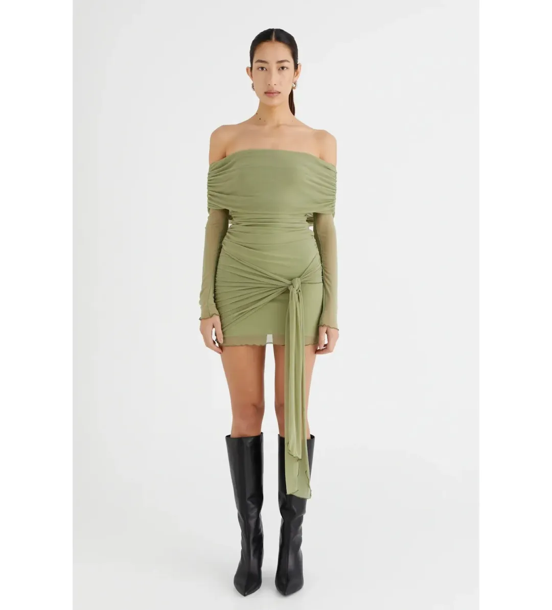 Benni Yasmine off the shoulder mini dress in green size AU 8 for rent on The Volte - main image