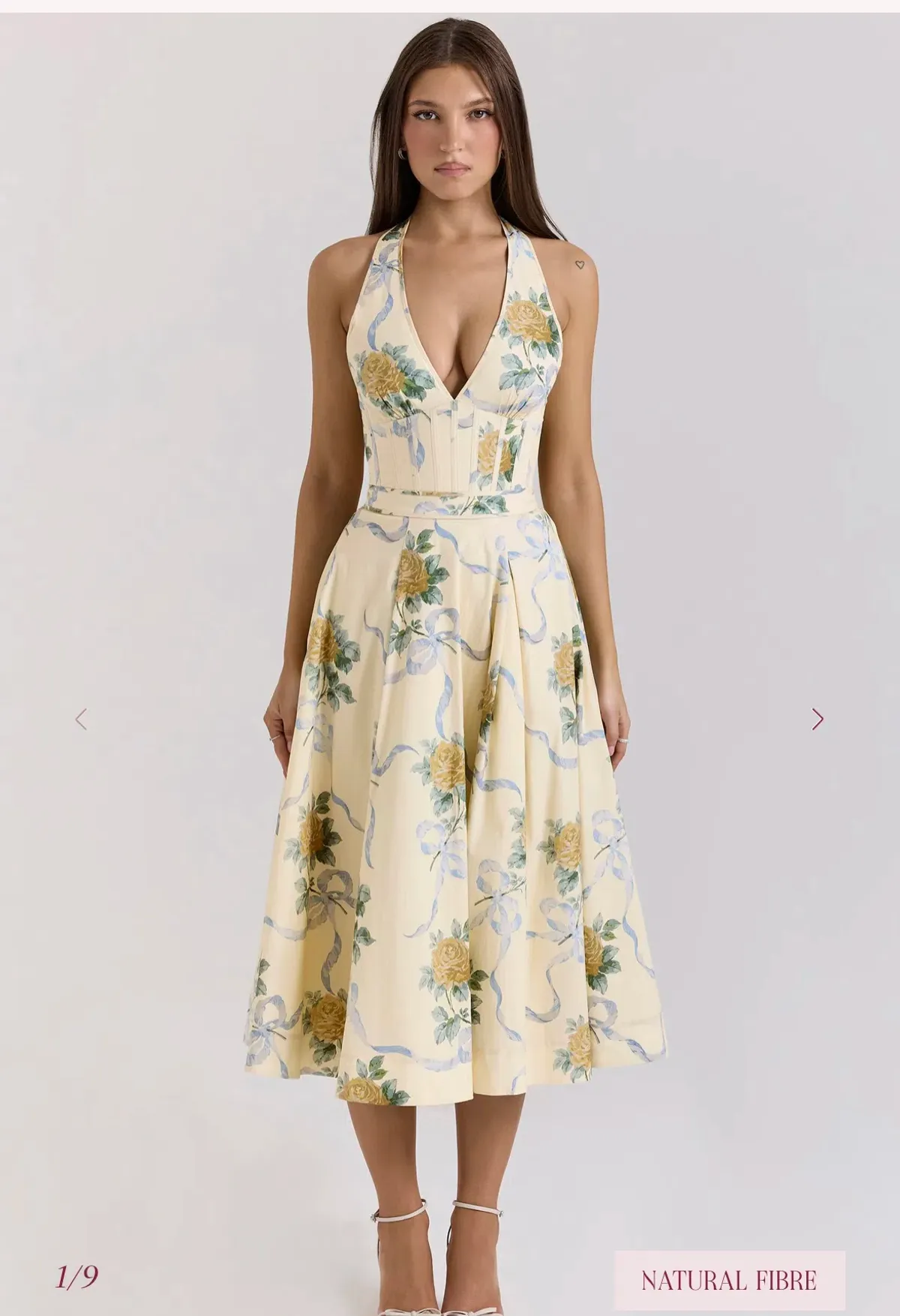 Lemon Ribbon Stretch Cotton Halter Midi Sundress - Image 1