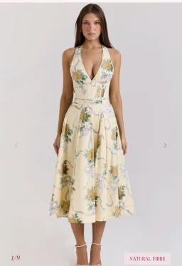 Lemon Ribbon Stretch Cotton Halter Midi Sundress for rent on The Volte - image 1