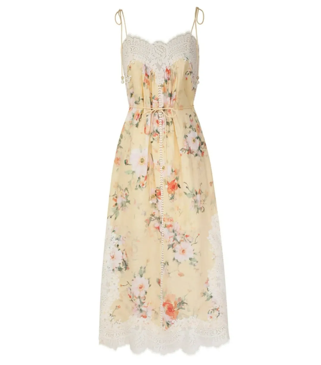 Zimmermann Everley Lace Trim Slip Dress in Yellow Watercolour Floral Size 3 / AU 14 for rent on The Volte - main image