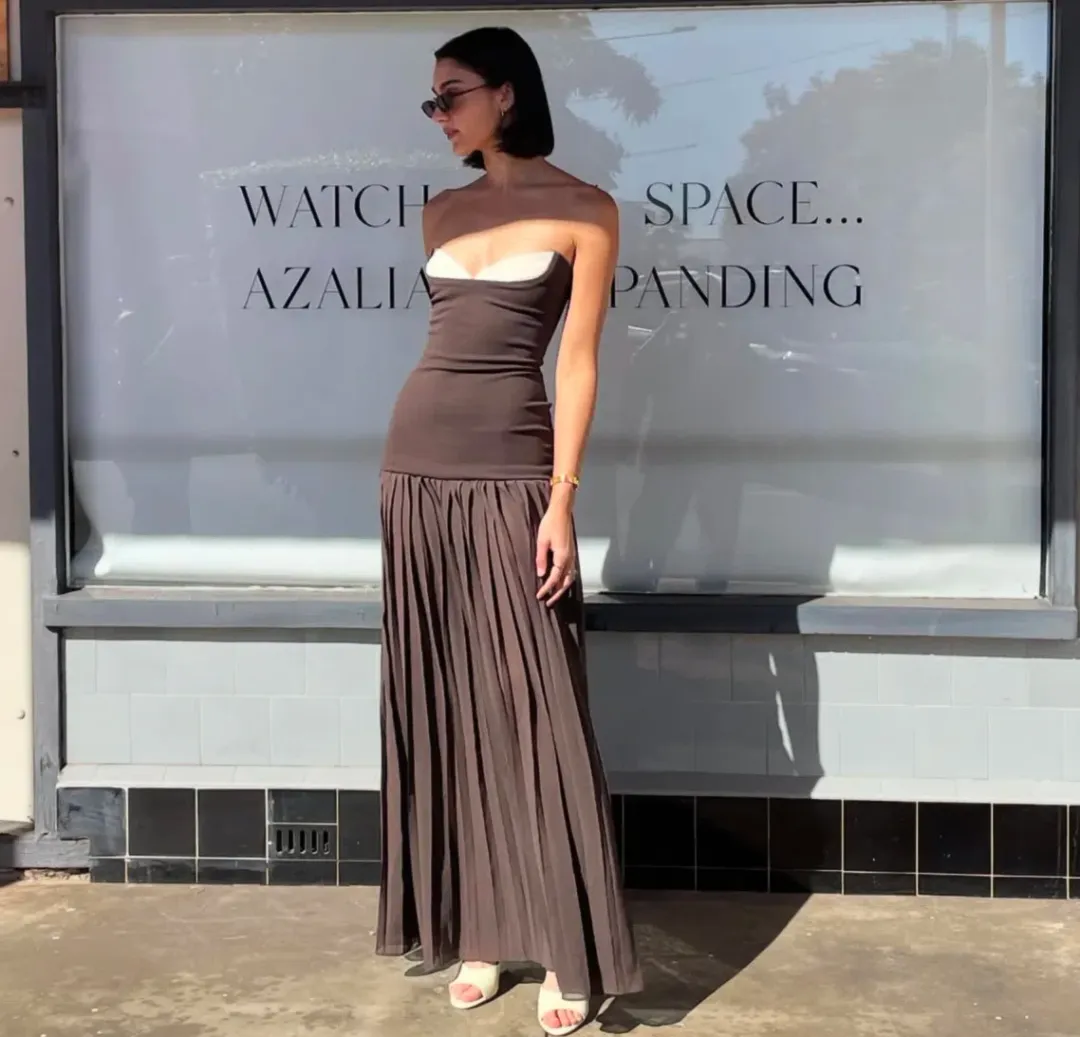 She is OLLÁ Nicolette Maxi Dress Espresso Size AU 6 for rent on The Volte - main image