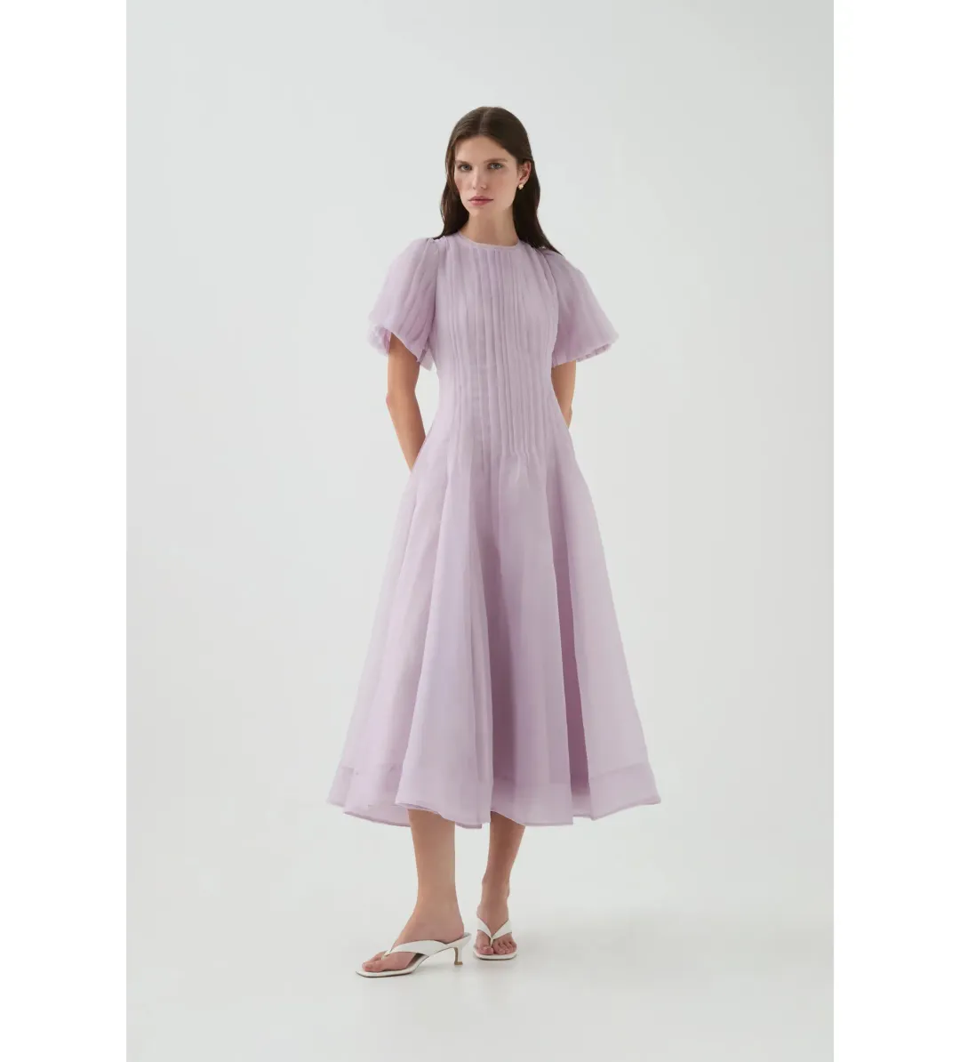 Aje Nova Pleated Midi Dress Lilac Size 10 for rent on The Volte - main image