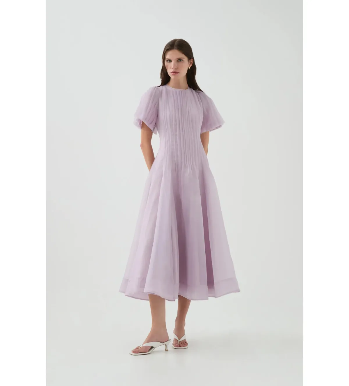 Aje Nova Pleated Midi Dress Lilac Size 10 for rent on The Volte - main image
