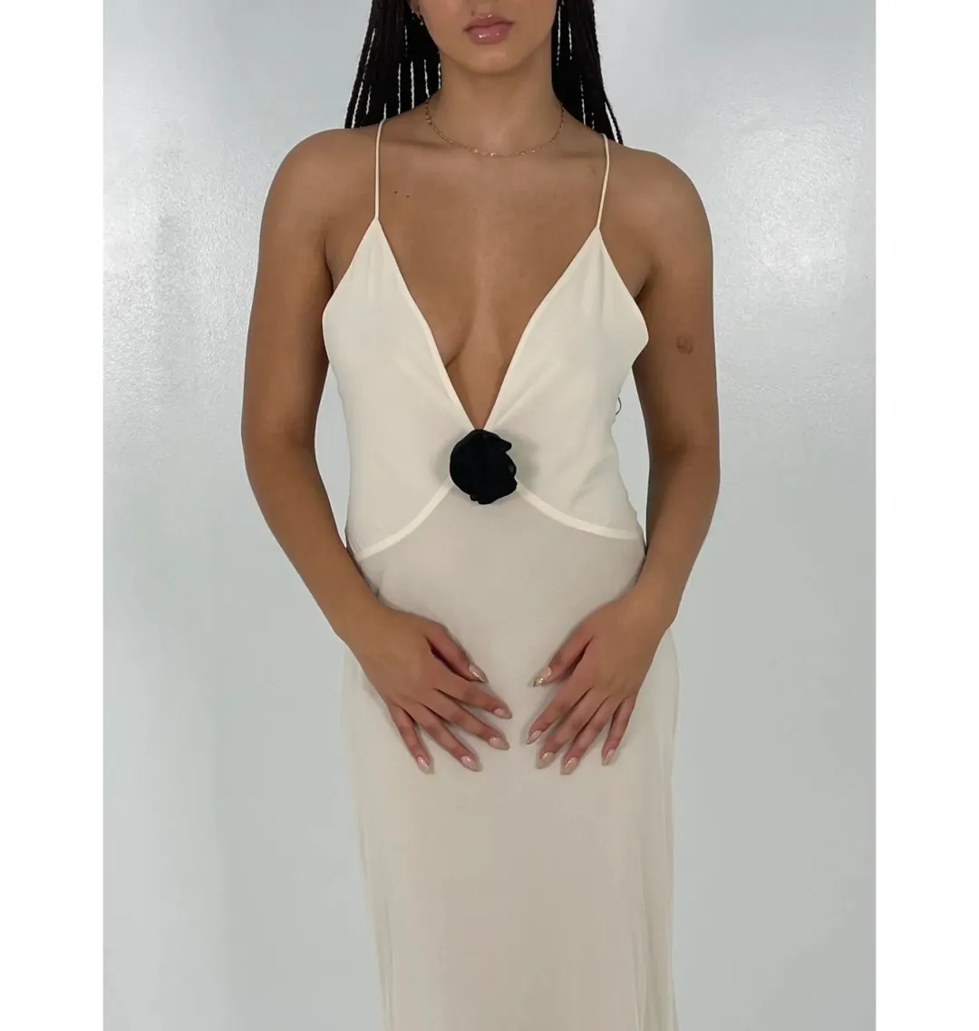 Helsa Sheer Deep V Rose Maxi Dress Cream Size Small / AU 8 for rent on The Volte - main image