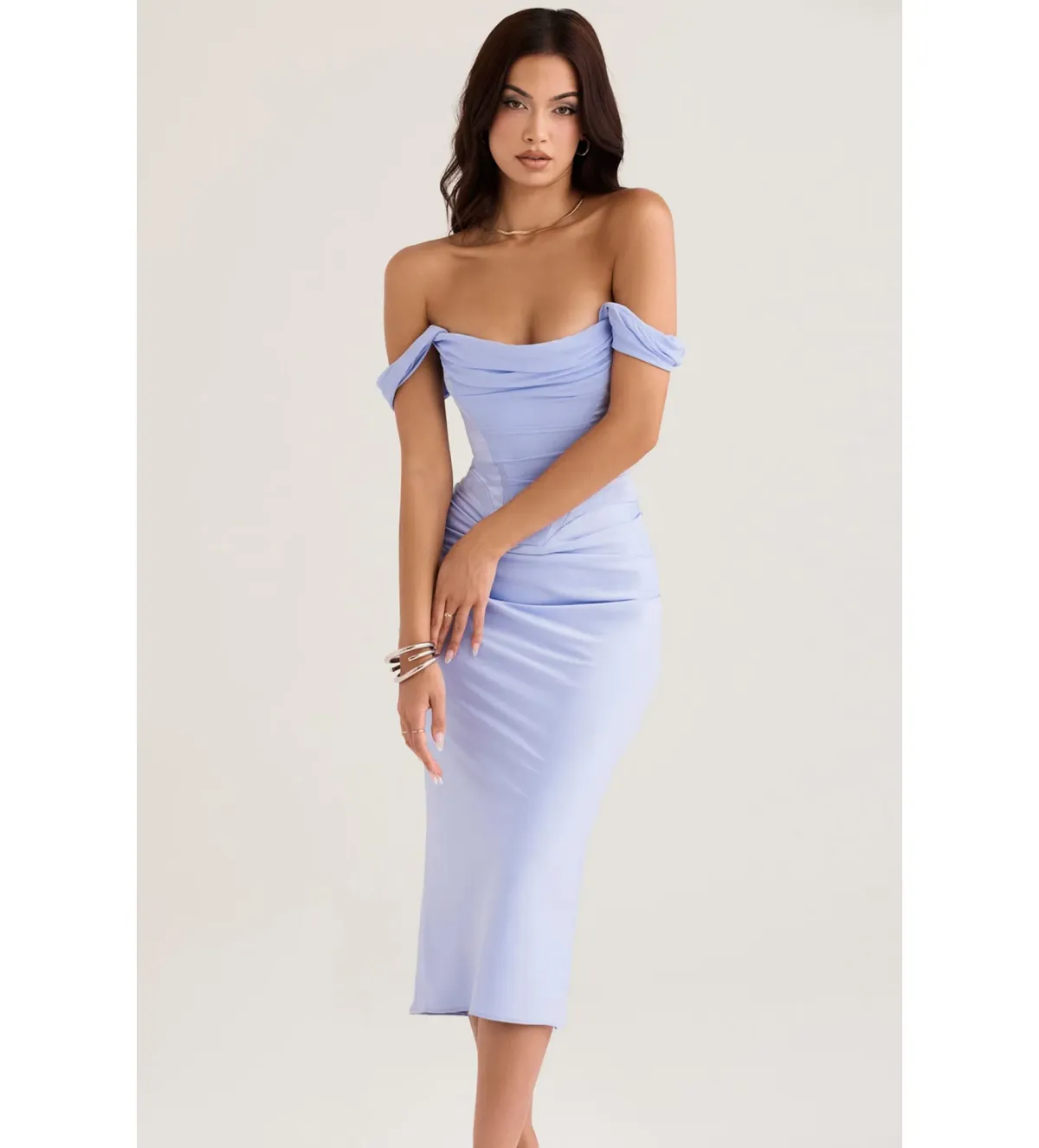 House of CB Natalya Sky Satin Corset Midi Dress Sky Blue Size S/Size AU 8 - Image 2