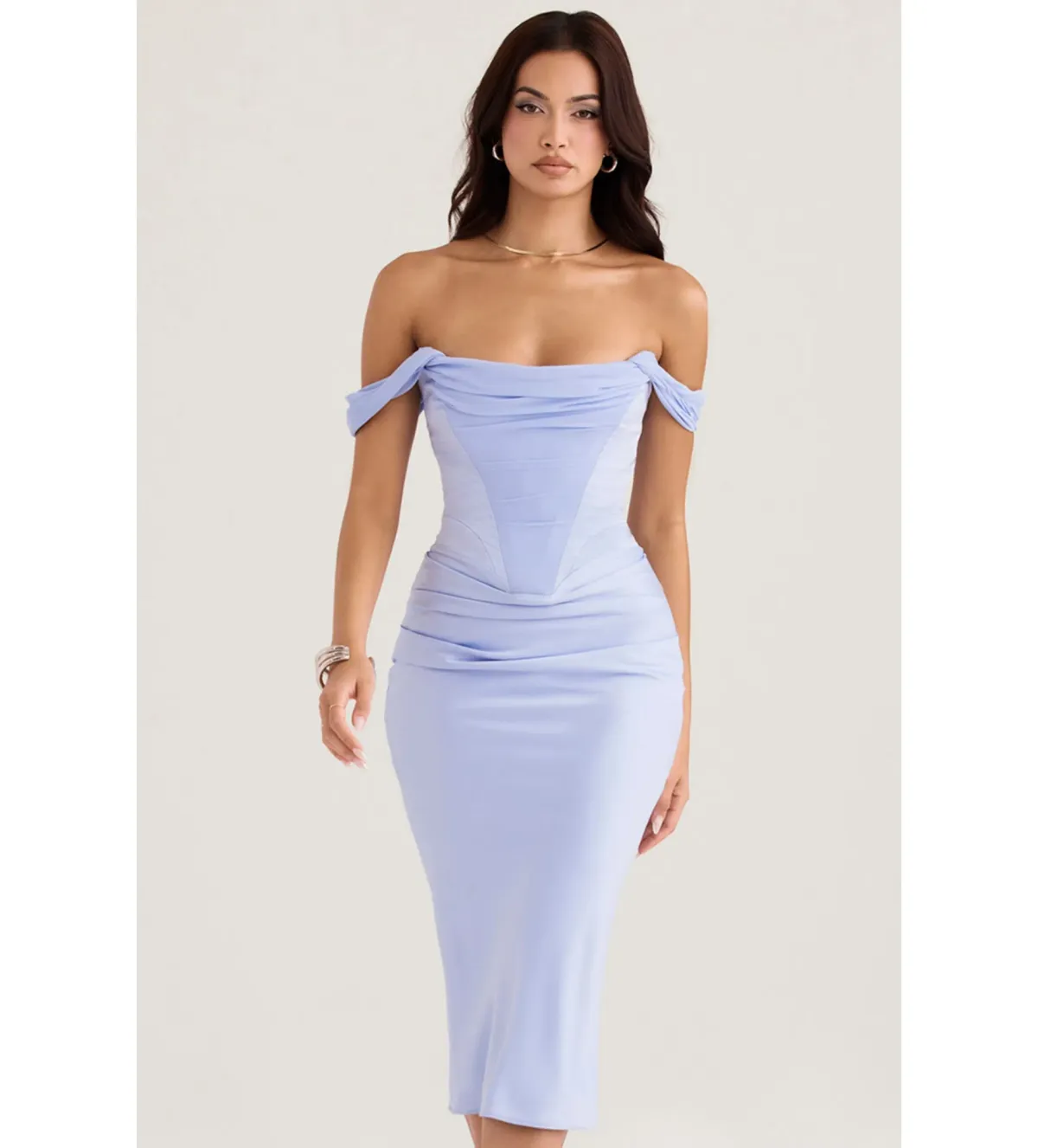 House of CB Natalya Sky Satin Corset Midi Dress Sky Blue Size S/Size AU 8 - Image 3