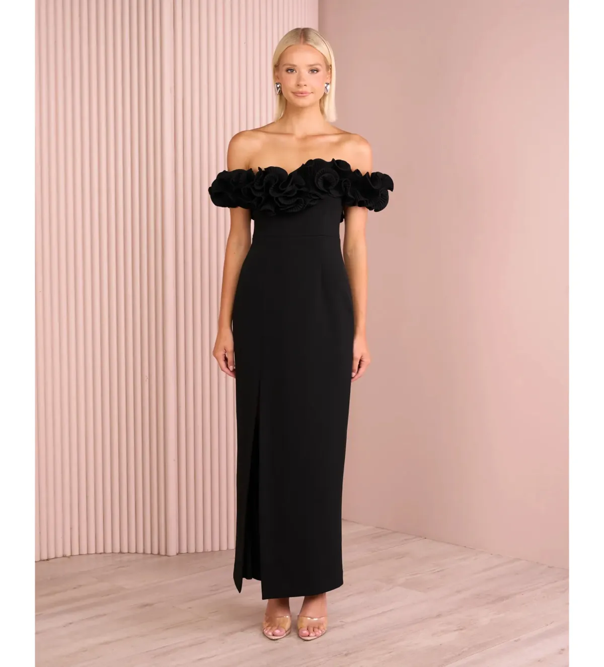 Azzurielle Farley Frill Off Shoulder Gown Black Size 8 - Image 1