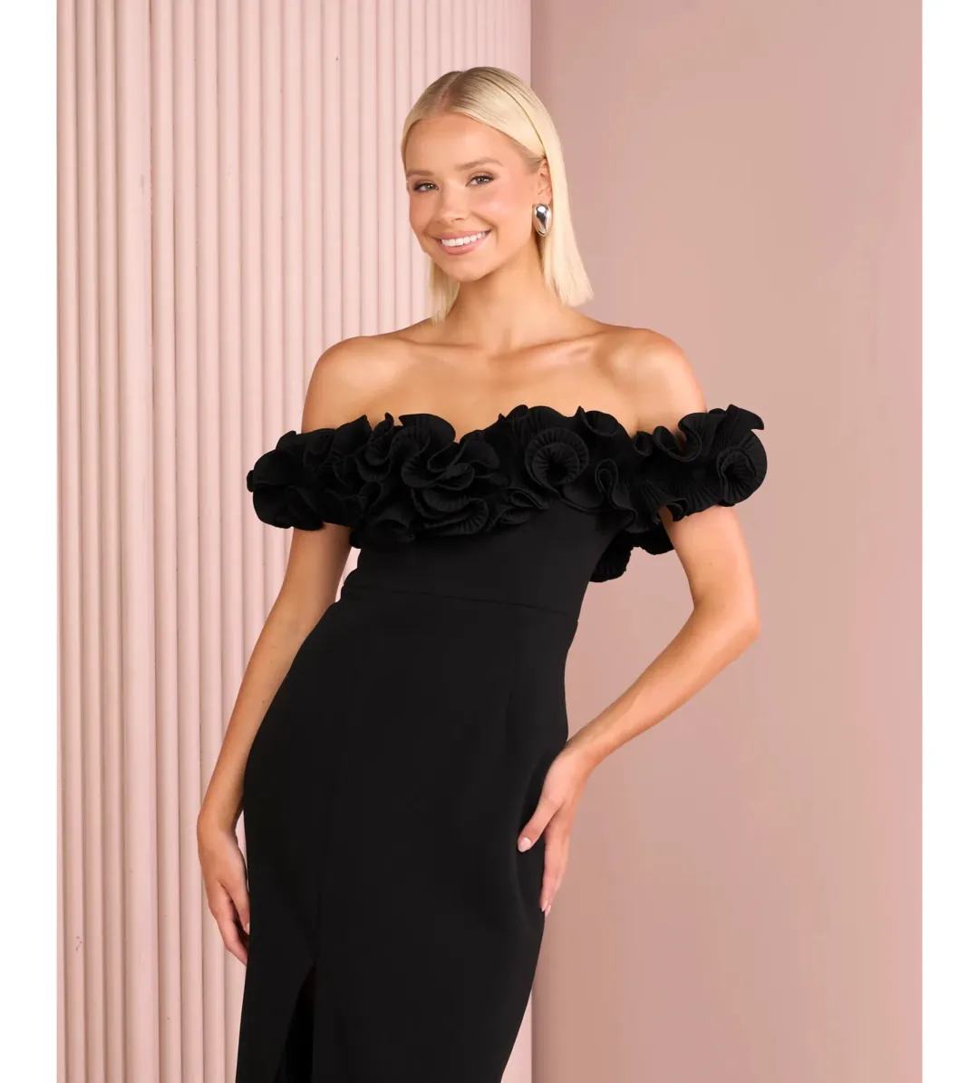 Azzurielle Farley Frill Off Shoulder Gown Black Size 8 for rent on The Volte - main image