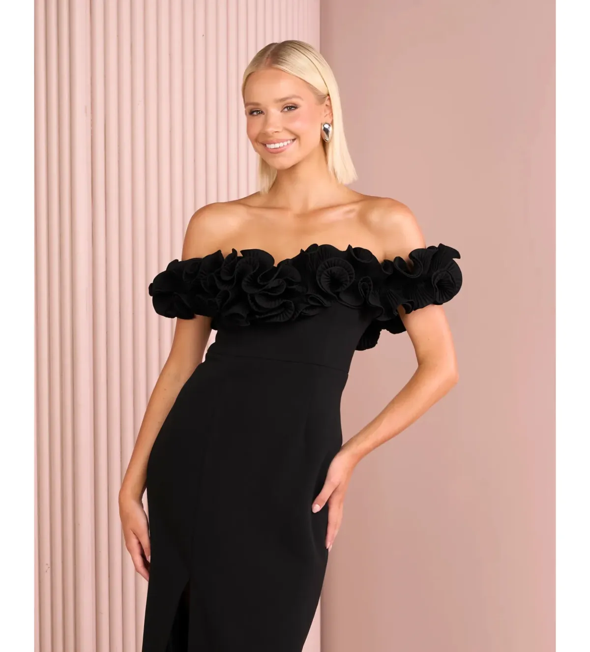 Azzurielle Farley Frill Off Shoulder Gown Black Size 8 - Image 2