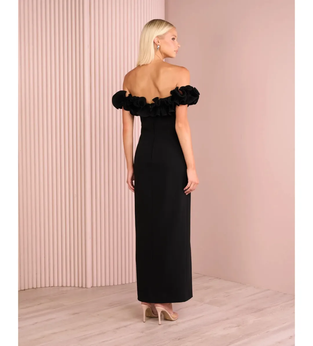 Azzurielle Farley Frill Off Shoulder Gown Black Size 8 for rent on The Volte - main image