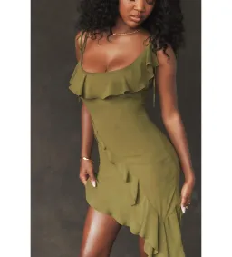 House of CB Marcia Ruffle Mini Dress Olive Size XS/AU 6 for rent on The Volte - image 4