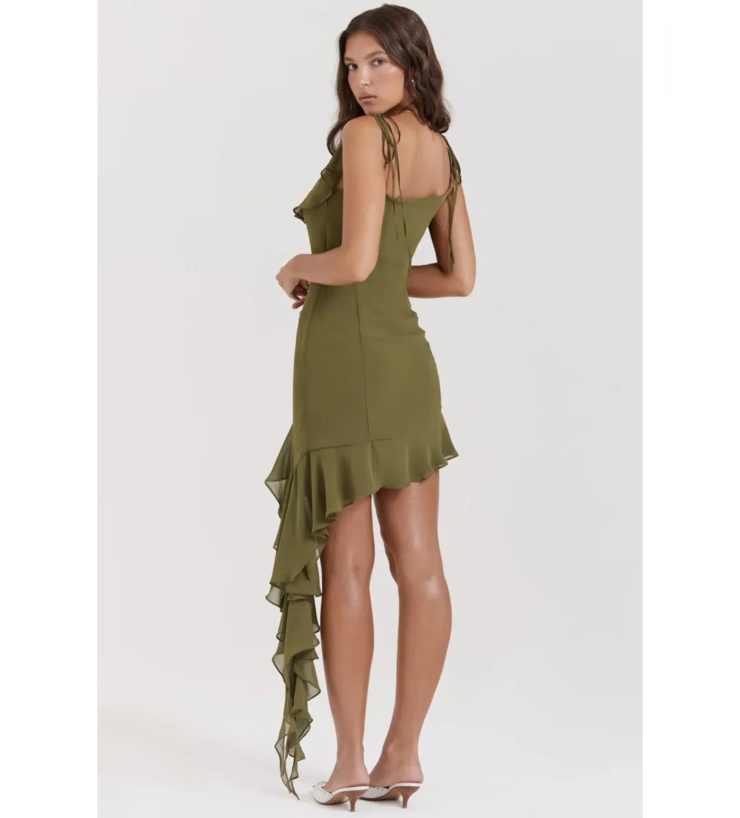 House of CB Marcia Ruffle Mini Dress Olive Size S/AU 8 for rent on The Volte - main image