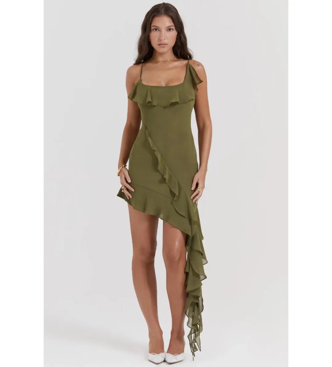 House of CB Marcia Ruffle Mini Dress Olive Size S/AU 8 for rent on The Volte - main image