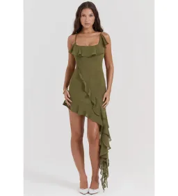 House of CB Marcia Ruffle Mini Dress Olive Size S/AU 8 for rent on The Volte - image 1