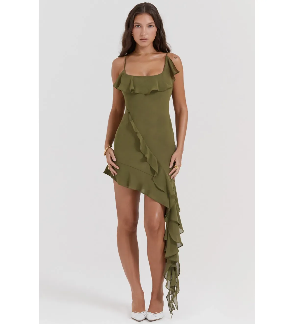 House Of Cb Mercia Ruffle Mini Dress Olive Size M /Au 10 for rent on The Volte - main image