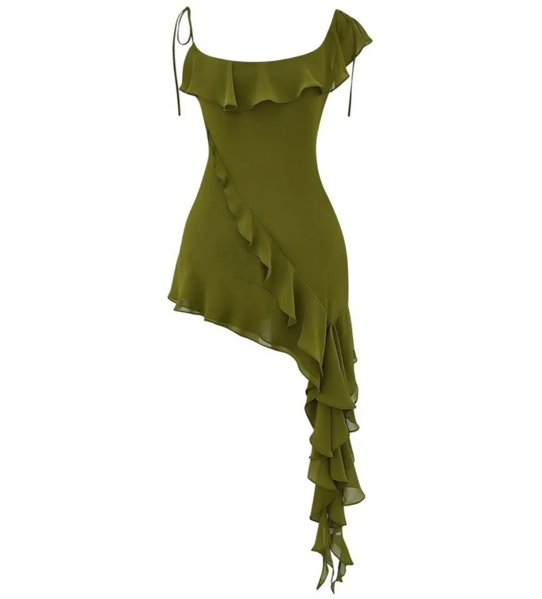 House Of Cb Mercia Ruffle Mini Dress Olive Size M /Au 10 for rent on The Volte - main image