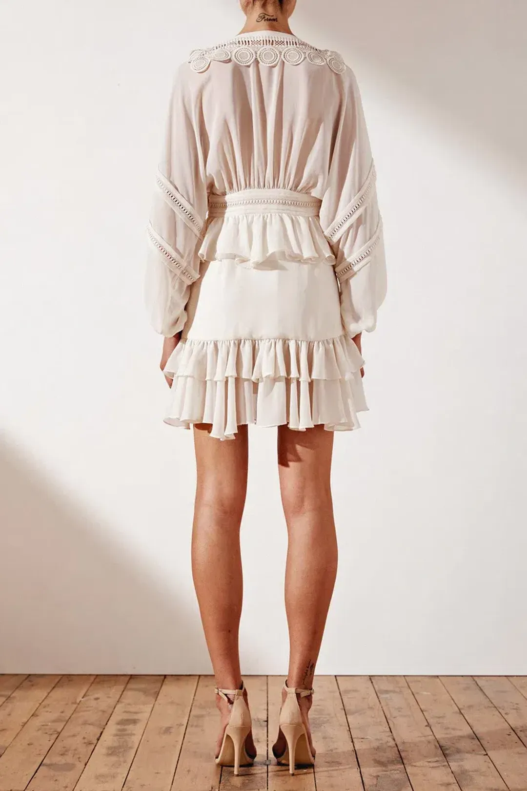 Shona Joy Rafaella Plunge Frill Mini Dress Cream Size 6 for rent on The Volte - main image
