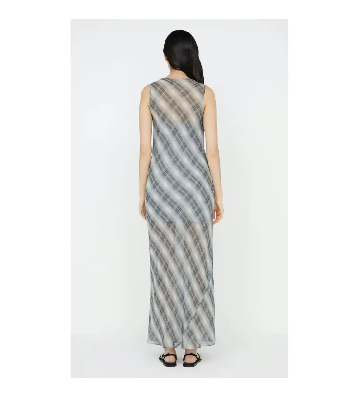 Bec & Bridge Seanna Boat Neck Maxi Dress Blue Check Size AU 14 - Image 4