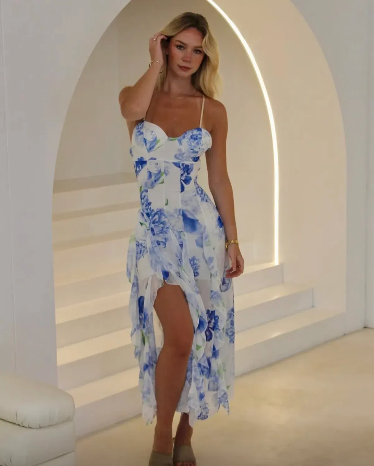 Bella Barnett Blue Ruffle Maxi Dress Floral Size 8 - Image 1