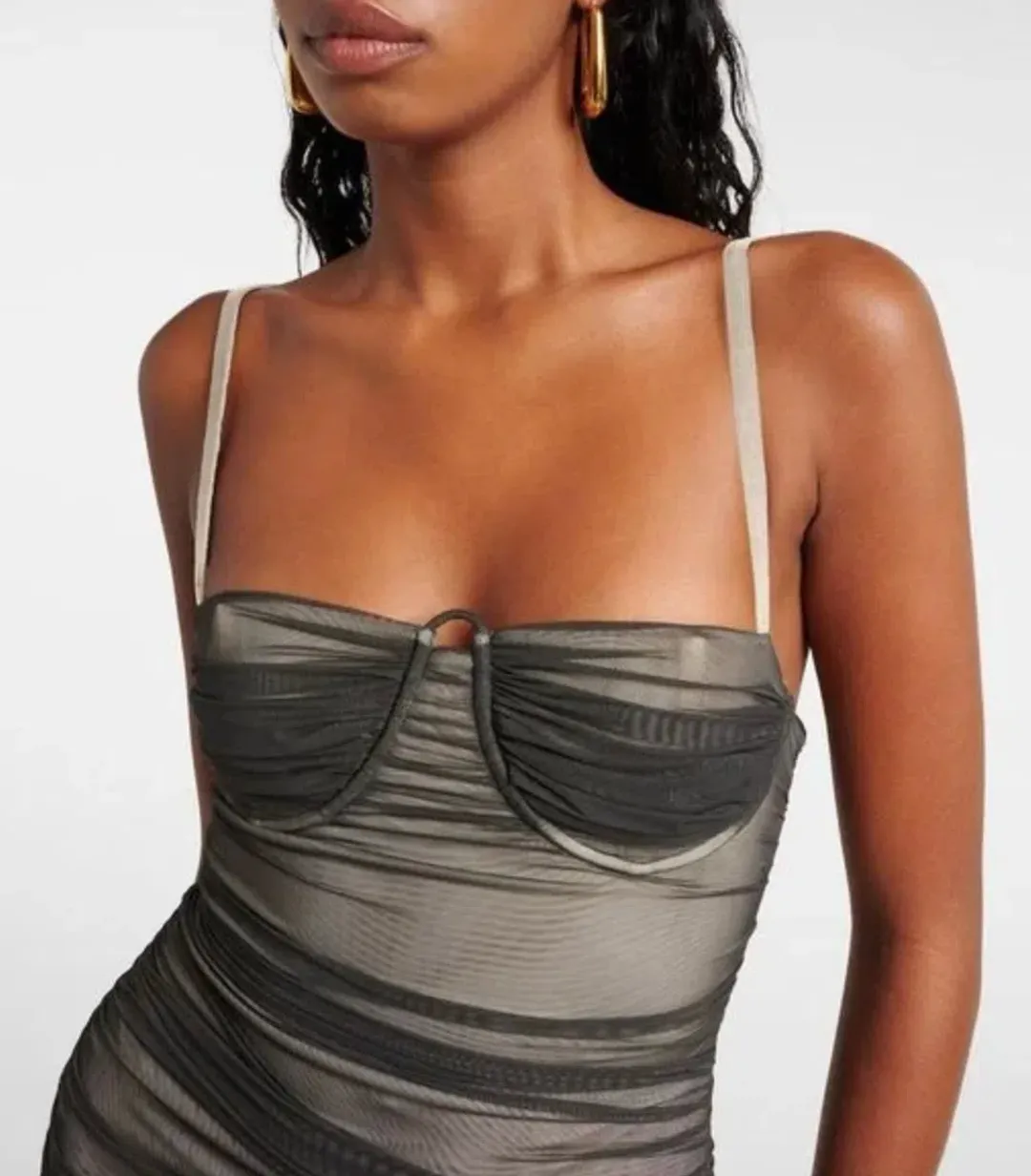 SIR The Label Breeze Striped Ruched Mesh Midi Dress Multi Size 1 / AU 8 for rent on The Volte - main image