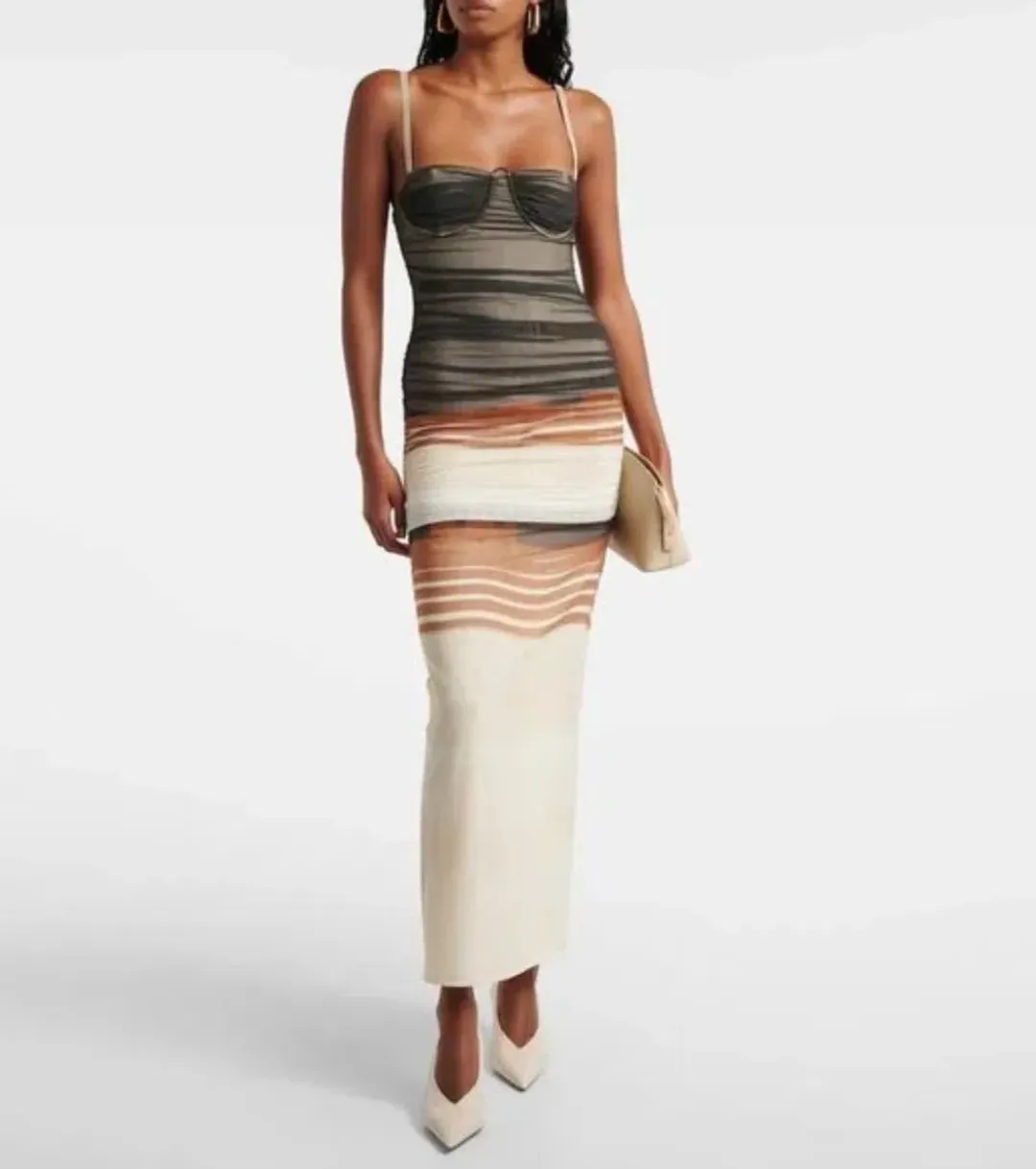 SIR The Label Breeze Striped Ruched Mesh Midi Dress Multi Size 1 / AU 8 for rent on The Volte - main image