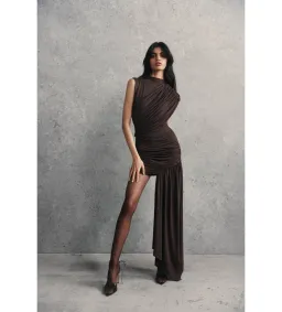 De La Vali Ravenna Draped Jersey Mini Dress in Chocolate Brown AU 6 for rent on The Volte - image 1