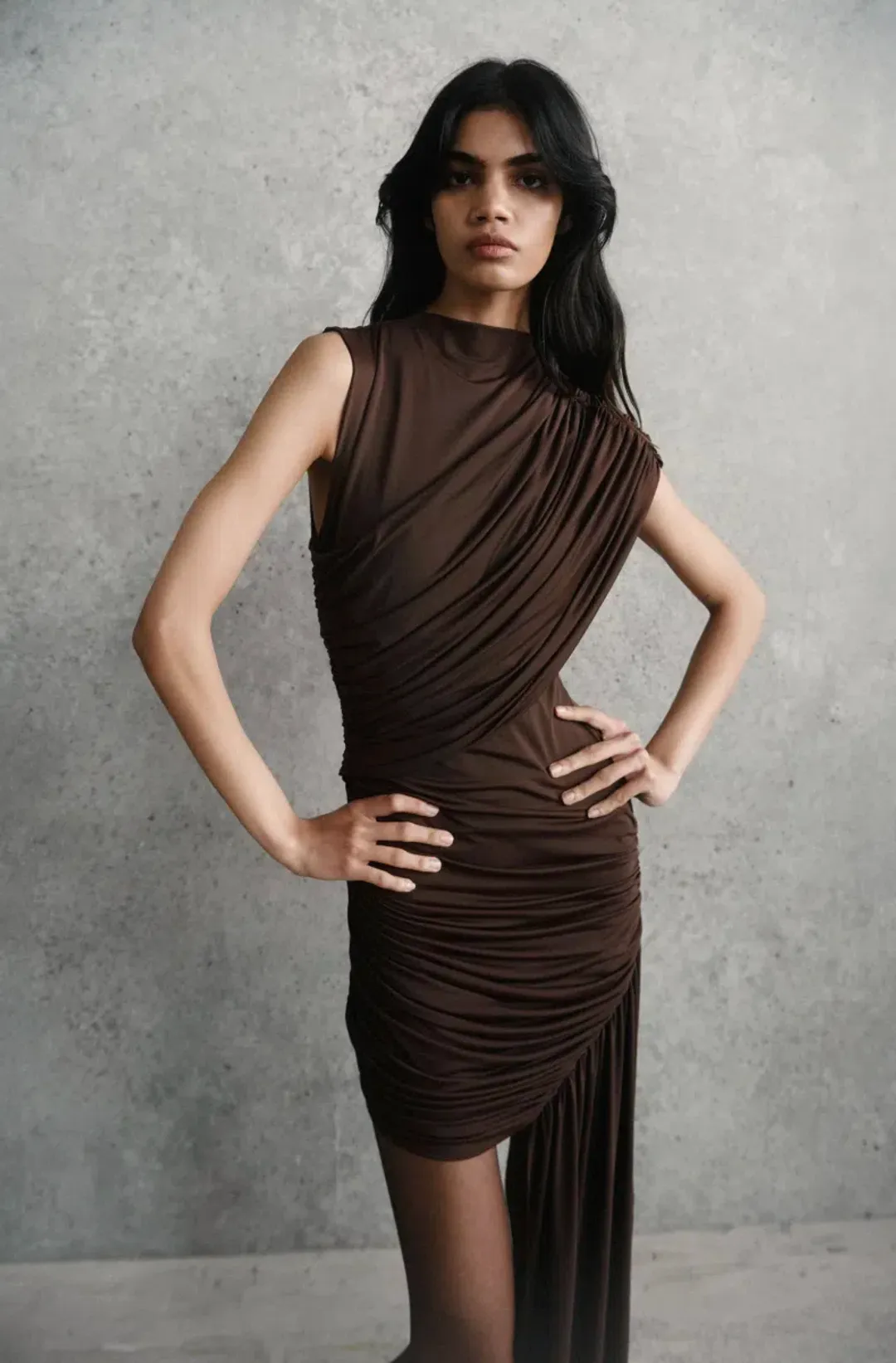 De La Vali Ravenna Draped Jersey Mini Dress in Chocolate Brown Size AU 8 for rent on The Volte - main image