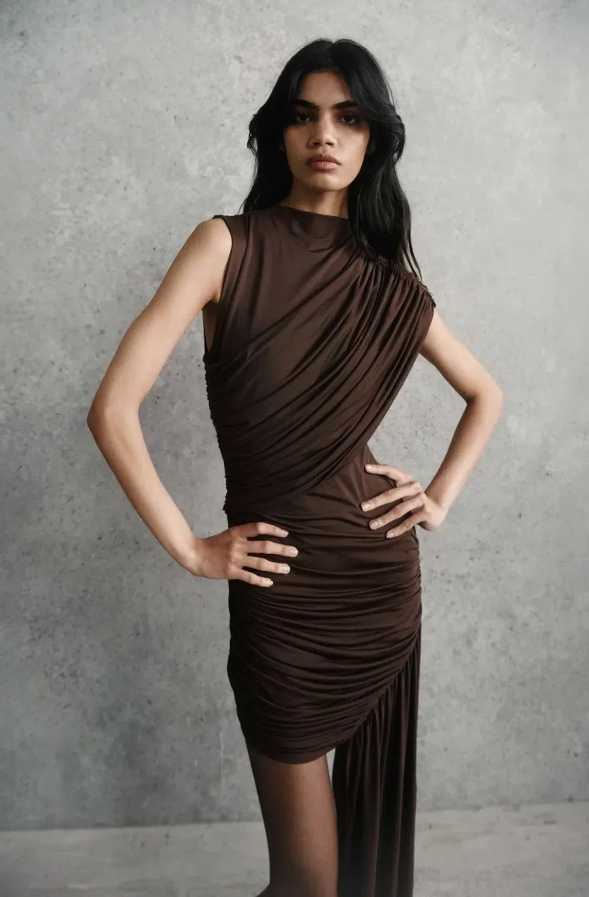 De La Vali Ravenna Draped Jersey Mini Dress in Chocolate Brown Size AU 8 - Image 5
