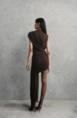De La Vali Ravenna Draped Jersey Mini Dress in Chocolate Brown AU 10 for rent on The Volte - image 5
