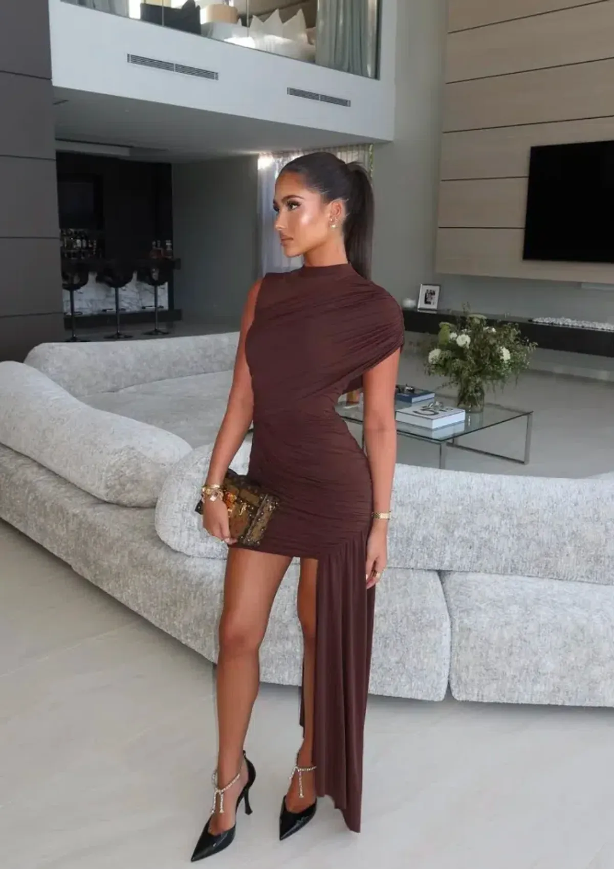 De La Vali Ravenna Draped Jersey Mini Dress in Chocolate Brown AU 10 - Image 3