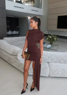 De La Vali Ravenna Draped Jersey Mini Dress in Chocolate Brown AU 10 for rent on The Volte - image 3