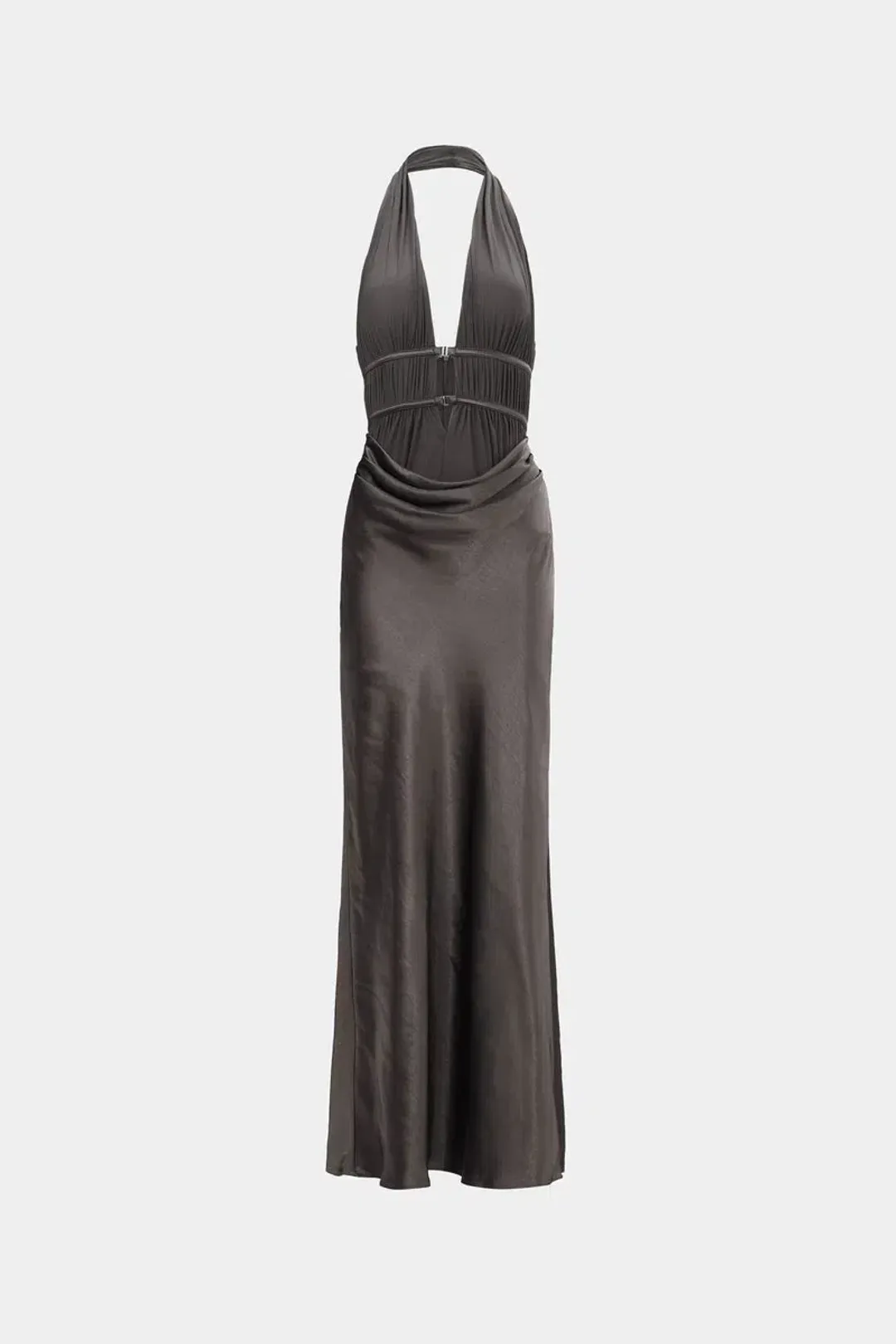 MISHA Celine Satin Maxi Dress Pewter Size 6 for rent on The Volte - main image