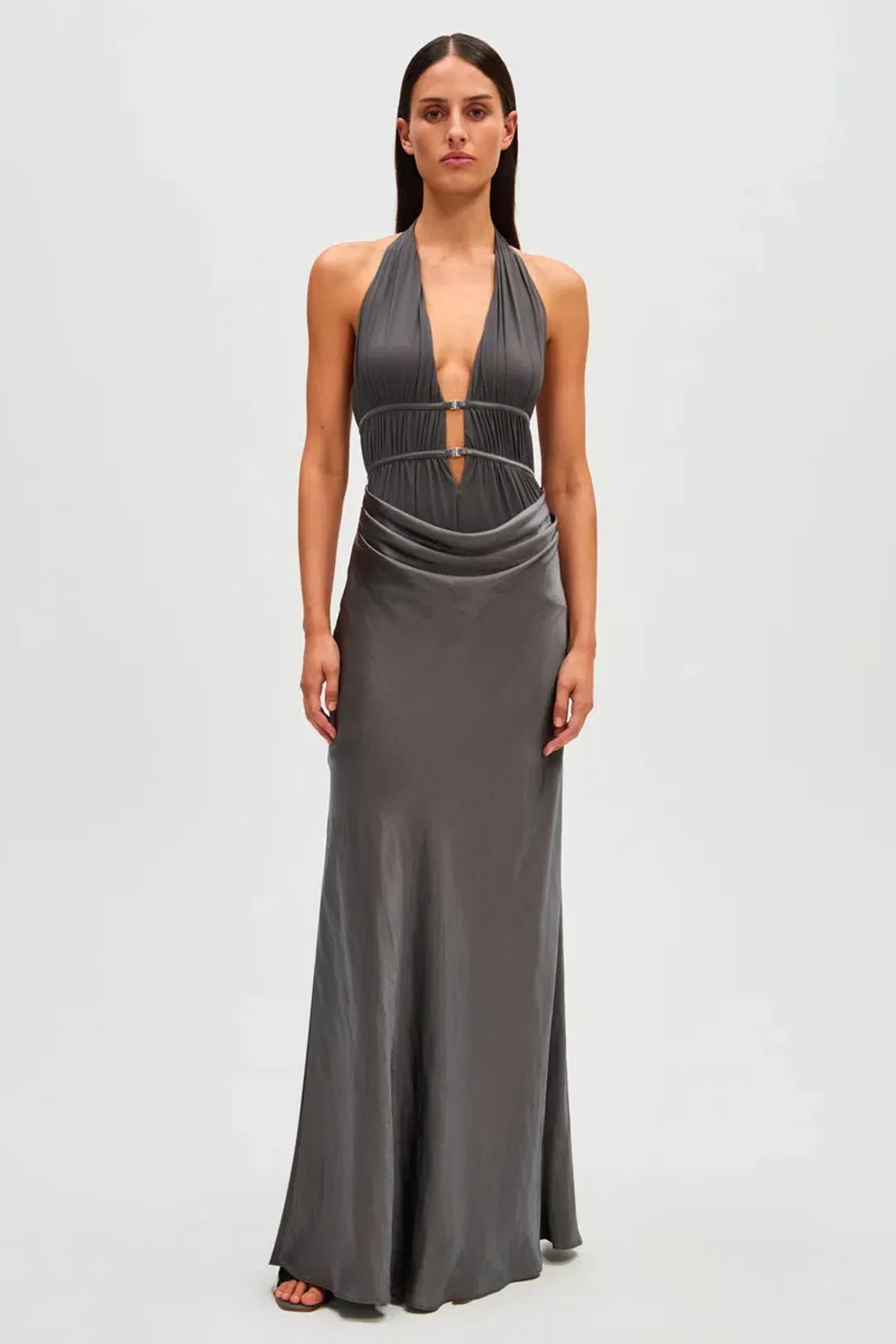 MISHA Celine Satin Maxi Dress Pewter Size 6 for rent on The Volte - main image