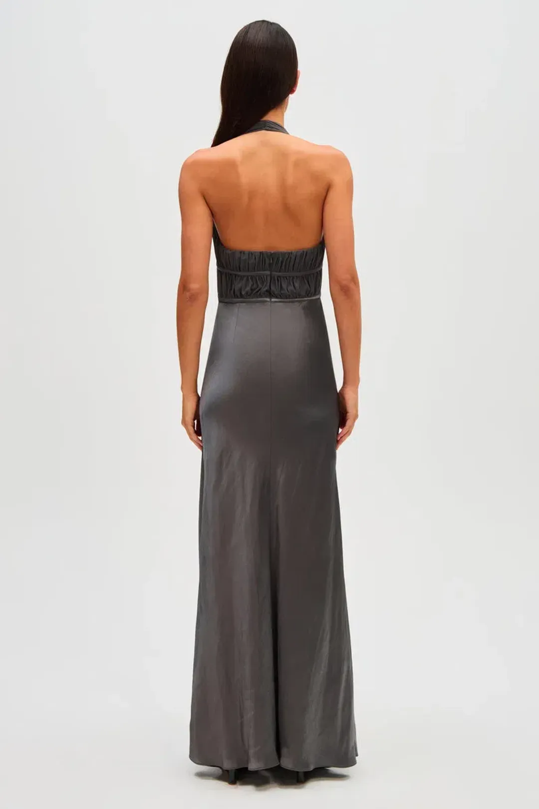 MISHA Celine Satin Maxi Dress Pewter Size 6 for rent on The Volte - main image