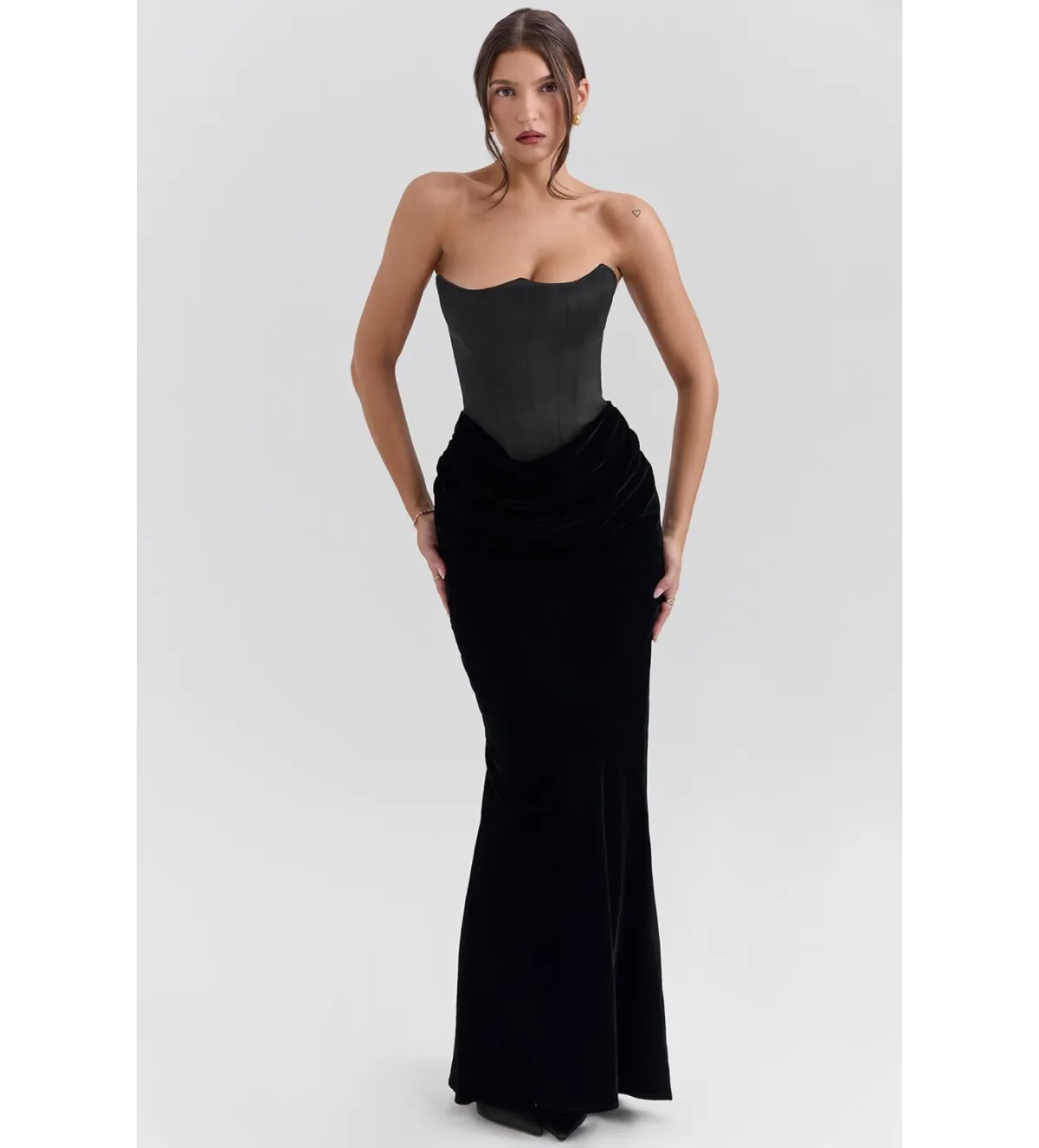 House of CB Persephone Strapless Corset Maxi Dress Black Velvet Size S/Au 8 - Image 1